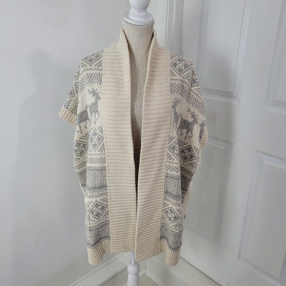 Eddie Bauer Cardigan Womens M/L Cream Gray Christmas Reindeer Fair Isle Holiday